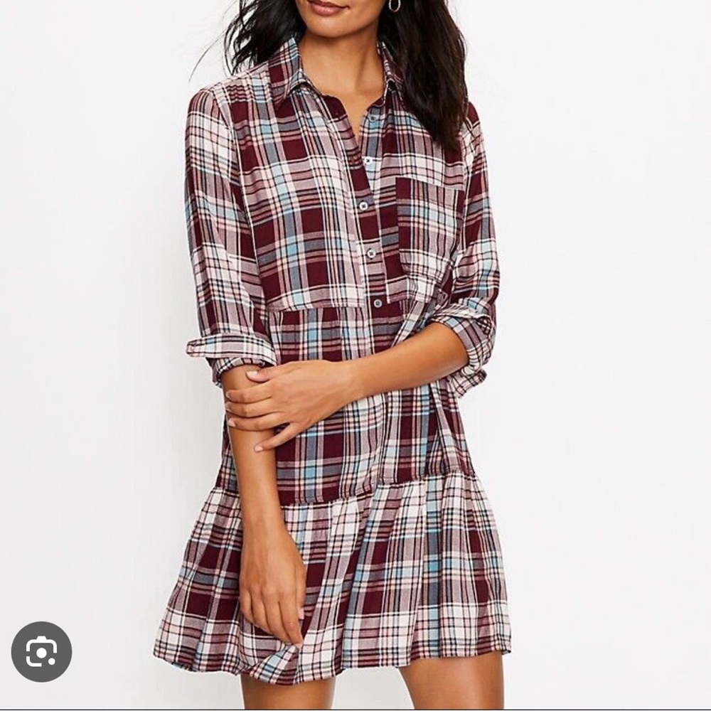 Ann Taylor LOFT long sleeve plaid shirt mini dress size xs